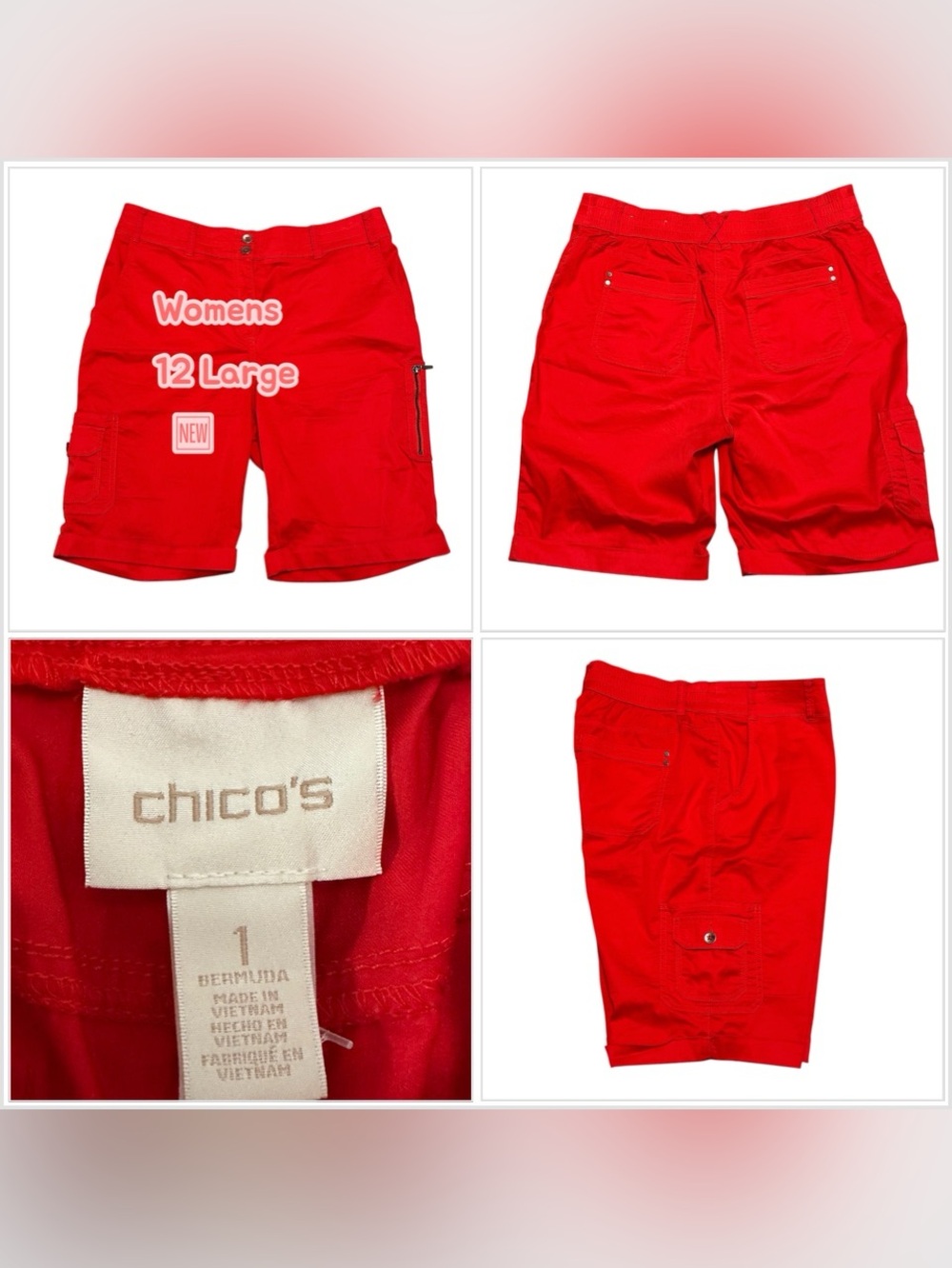 Women’s Chico’s 1 8 10 Medium Shorts Red Cargo Chino Khakis Stretch Active NWOT